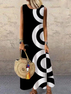 Women's Shift Dress Long Dress Maxi Dress Black Sleeveless Geometric Print Spring Summer Crew Neck S M L XL XXL 3XL