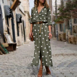 Women's Shirt Dress Maxi Long Dress Winter Dress Daily Date Polyester Elegant Fashion Shirt Collar Print Long Sleeve Summer Spring Regular Fit Polka Dot Round Dots