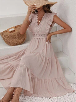 Women's Casual Dress Summer Dress Midi Dress Ruffle Patchwork Daily Holiday Date Fashion Modern V Neck Sleeveless 2023 Regular Fit Pink Color S M L XL Size -Slay Clothing Shop 1c40a784 67c2 4d9d a4c1 4bb88f5b20da
