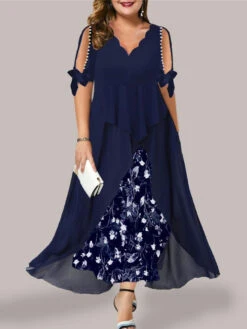 Women's Plus Size Work Dress Chiffon Dress Swing Dress Floral Long Dress Maxi Dress Half Sleeve Fake Two Piece Print V Neck Fashion Office Dark Blue Summer Spring L XL XXL 3XL 4XL