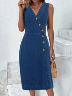 Women's Denim Dress Work Dress Bodycon Midi Dress Denim Fashion Modern Outdoor Office Daily V Neck Button Sleeveless Summer Spring 2023 Loose Fit Black Blue Plain S M L XL 2XL