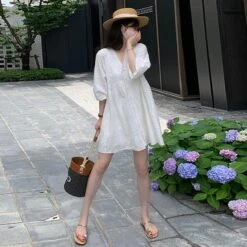 Women's Spring And Summer Korean Version Of Large Size V-neck Hollow Embroidery Dress Casual Outer Wear Gentle Wind Small Dress -Slay Clothing Shop 1c8d9835 3250 4643 8735 3609d2ce2b71