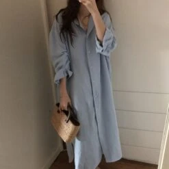 Women's Korean Lazy Style Simple Long Over-the-knee Shirt Solid Color Lapel Cardigan Shirt Sunscreen Shirt Dress -Slay Clothing Shop 1cff646e d703 4088 ac0f 244b1601838f