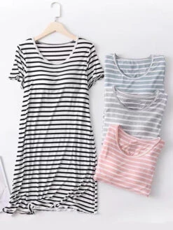 Women's Padded Nightgown Nightshirt Dress Stripe Fashion Casual Soft Home Daily Bed Polyester Breathable V Wire Short Sleeve Chest Pads Summer Spring Light Pink Black -Slay Clothing Shop 1d206686 72eb 462a 9269 4374819af602