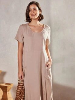 Women's Cotton Linen Maxi Dress Swing Crew Neck Short Sleeve Pockets Summer Spring Loose Fit Plain Pink Sky Blue Khaki -Slay Clothing Shop 1d28a59b 6cfe 4ec1 8804 1b4554476d50