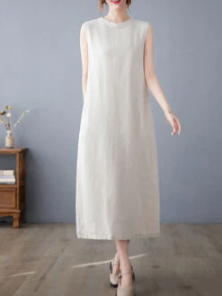 Women's Casual Dress Cotton Linen Dress A Line Dress Midi Dress Linen Cotton Blend Basic Modern Outdoor Daily Vacation Stand Collar Pocket Sleeveless Summer Spring 2023 Loose Fit Navy Blue Apricot -Slay Clothing Shop 1e551a27 2da2 476c acb6 967f4fb09823
