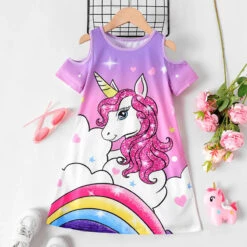 Girls' Casual Dress Strap Dress A Line Dress Short Sleeve Graphic Cartoon Unicorn 3D Printed Graphic Dresses Cute Casual Sweet Above Knee Polyester Dress Summer Spring Kids Sports & Outdoor Daily