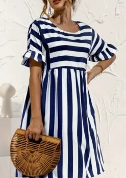 Women's A Line Dress Stripe Ruffle Crew Neck Midi Dress Basic Vacation Black Yellow Pink Summer S M L XL 2XL