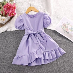 Kids Girls' Dress Solid Color Short Sleeve Outdoor Active Daily Cotton Above Knee Casual Dress A Line Dress Summer Spring 3-7 Years Purple