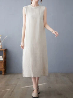 Women's Casual Dress Cotton Linen Dress A Line Dress Midi Dress Linen Cotton Blend Basic Modern Outdoor Daily Vacation Stand Collar Pocket Sleeveless Summer Spring 2023 Loose Fit Navy Blue Apricot -Slay Clothing Shop 1f169c28 c681 4f43 9a62 f8d1cdf258b4