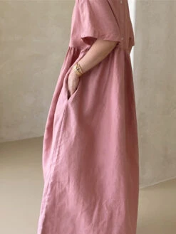 Women's Casual Dress Cotton Linen Dress Tiered Dress Maxi Long Dress Linen / Cotton Blend Daily Casual Outdoor Home Daily Crew Neck Pocket Short Sleeve Summer Spring 2023 Loose Fit Yellow Pink Plain -Slay Clothing Shop 1f58f126 d71c 4a34 811f 85e8eb60963b