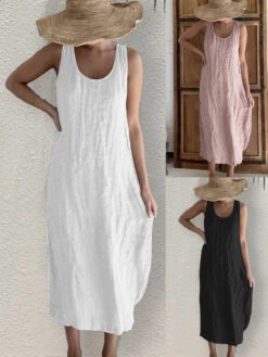 Women's Cotton Linen Midi Shift Dress Sleeveless U Neck Ruched Summer Spring Regular Fit Black White Pink S M L XL 2XL