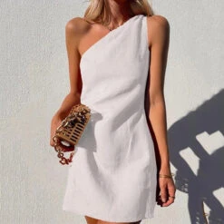 Women's Casual Dress Linen Dress Shift Dress Mini Dress Black White Red Sleeveless Pure Color Backless Spring Summer One Shoulder Vacation 2023 XS S M L XL XXL -Slay Clothing Shop 1fe3e6bd c3f6 45ea 911a 3886f74c7168