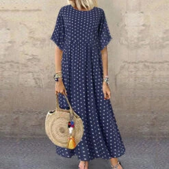 Women's Casual Dress Swing Dress Polka Dot Dress Long Dress Maxi Dress Green Blue Yellow Short Sleeve Polka Dot Print Spring Summer Crew Neck Basic Daily Weekend Loose Fit 2023 L XL XXL 3XL 4XL 5XL