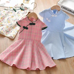 Kids Girls' Dress Plaid Short Sleeve Outdoor Casual Button Fashion Daily Elegant Cotton Midi Casual Dress Cheongsam Dress Summer Dress Summer Spring 2-8 Years White Pink Blue