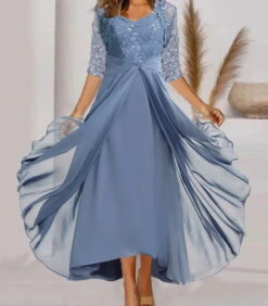 Women's Party Dress Lace Dress Swing Dress Long Dress Maxi Dress Blue Half Sleeve Pure Color Patchwork Spring Summer Dress V Neck Romantic Wedding Birthday 2023 S M L XL 2XL 3XL