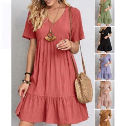 Women's Shift Dress Plain Dress Plain Ruffle V Neck Midi Dress Basic Classic Outdoor Daily Short Sleeve Loose Fit Black Pink Red Summer Spring S M L XL XXL