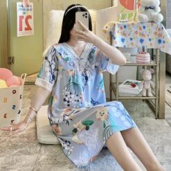 Cotton Silk Nightdress Women's Summer Thin Section Lace Short-sleeved Loose Artificial Cotton Dress Sweet Pajamas Outerwear Home Service