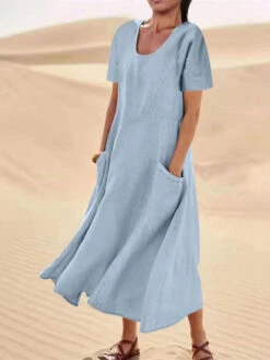 Women's Cotton Linen Maxi Dress Swing Crew Neck Short Sleeve Pockets Summer Spring Loose Fit Plain Pink Sky Blue Khaki -Slay Clothing Shop 2349d4e2 7988 4021 bd64 51b80aa86bfc