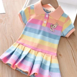 Kids Girls' Dress Rabbit Stripe Short Sleeve Casual Casual Sweet Cotton Above Knee Casual Dress A Line Dress Spring Fall 1-6 Years Light Rainbow Deep Rainbow