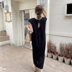 Women's Summer New Style French Style Gentle Wind Design Sense Open Back Loose Slim Ice Silk Knitted Dress Maternity Dress Chic Minimalist Round Neck Loose Casual Sleeveless Dress -Slay Clothing Shop 2427c04a 5290 4fa4 af9e 52447c8b1734