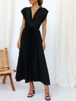 Women's Prom Dress Party Dress Wedding Guest Dress Long Dress Maxi Dress Black Pink Wine Short Sleeve Pure Color Pleated Summer Spring Fall V Neck Fashion Evening Party Wedding Guest Vacation Loose -Slay Clothing Shop 245bf18f 682e 4774 9b5c ad8d5ffe15c3