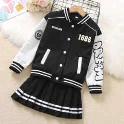 2 Pieces Kids Girls' Children's Day Graphic Pleated Dress Suits Set Long Sleeve Fashion School 7-13 Years Winter White Pink