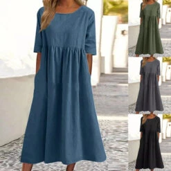 Women's Casual Dress Cotton Dress Swing Dress Midi Dress Cotton Basic Casual Outdoor Daily Crew Neck Pocket Smocked Half Sleeve Summer Spring Fall 2023 Loose Fit Light Blue Black White Pure Color S M