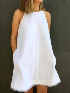 Women's White Dress Casual Dress Cotton Summer Dress Mini Dress Linen Pocket Casual Daily Vacation Crew Neck Sleeveless Summer Spring Black White Pure Color