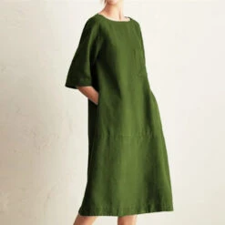 Women's Casual Dress Cotton Linen Dress Shift Dress Maxi Long Dress Pocket Contrast Stitching Daily Crew Neck Half Sleeve Summer Spring Black Wine Pure Color -Slay Clothing Shop 26368ce5 ee60 4879 934c 2dddbb2661cc