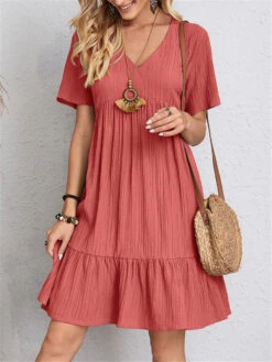 Women's Shift Dress Plain Dress Plain Ruffle V Neck Midi Dress Basic Classic Outdoor Daily Short Sleeve Loose Fit Black Pink Red Summer Spring S M L XL XXL -Slay Clothing Shop 265ac9ae 36c6 41d2 903a cf6cf88da4d8