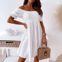 Women's Casual Dress Swing Dress White Dress Mini Dress Black White Beige Short Sleeve Pure Color Ruched Summer Spring Off Shoulder Elegant 2023 S M L XL -Slay Clothing Shop 28a16f2e b6e4 471f 95a1 5a07cc3bf059