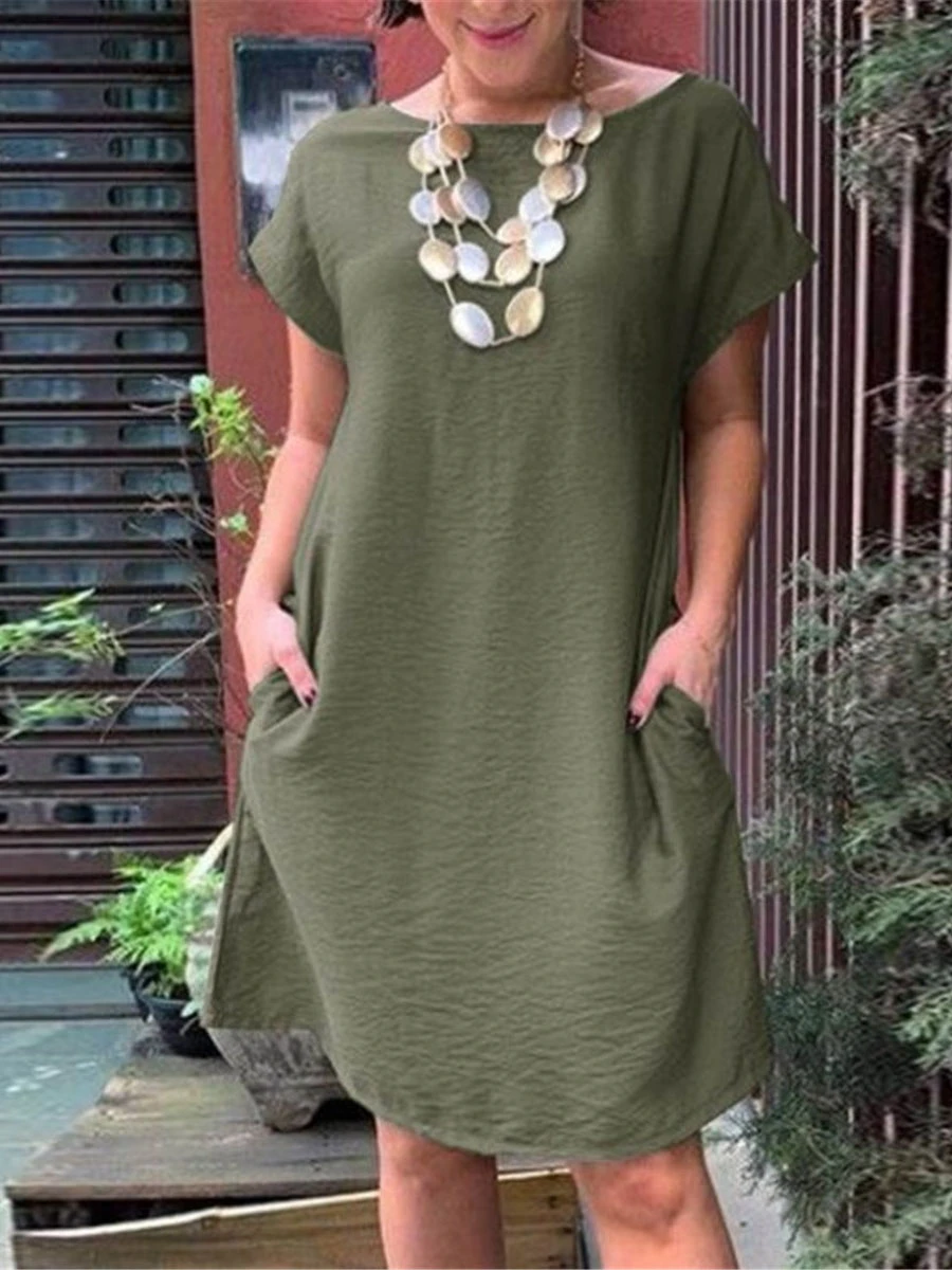 Women's Casual Dress Cotton Linen Dress Shift Dress Midi Dress Cotton Blend Basic Classic Outdoor Daily Boat Neck Pocket Rolled Cuff Short Sleeve Summer Spring 2023 Loose Fit Black Camel Brown Pure 3 Women's Casual Dress Cotton Linen Dress Shift Dress Midi Dress Cotton Blend Basic Classic Outdoor Daily Boat Neck Pocket Rolled Cuff Short Sleeve Summer Spring 2023 Loose Fit Black Camel Brown Pure - Image 3