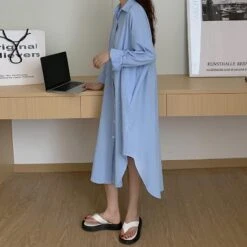 Women's Korean Lazy Style Simple Long Over-the-knee Shirt Solid Color Lapel Cardigan Shirt Sunscreen Shirt Dress -Slay Clothing Shop 2a429924 0e32 47d3 969d 93eb0c70099e