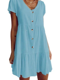 Women's Casual Dress Cotton Linen Dress Swing Dress Mini Dress Cotton Blend Basic Classic Outdoor Daily Vacation V Neck Ruched Button Short Sleeve Summer Spring 2023 Regular Fit White Blue Purple -Slay Clothing Shop 2ac7c612 a586 4c0c b4d3 0cf69b7a596b