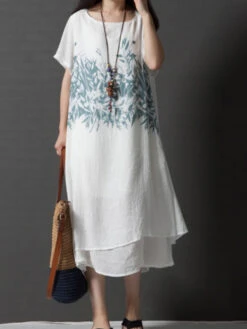 Women's Casual Dress Cotton Linen Dress White Dress Midi Dress Cotton Blend Basic Casual Outdoor Daily Vacation Crew Neck Print Short Sleeve Summer Spring 2023 Loose Fit White Navy Blue Flower M L XL