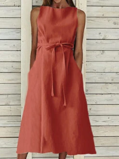 Women's Casual Dress Cotton Summer Dress Midi Dress Linen Cotton And Linen Lace Up Pocket Basic Classic Daily Vacation Crew Neck Sleeveless Summer Spring Navy Blue Orange Plain -Slay Clothing Shop 2c76651e 6715 4c4a 93c5 36941bdad42c