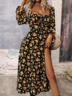 Women's Long Dress Maxi Dress Casual Dress Floral Dress Floral Casual Daily Holiday Vacation Split Print Long Sleeve Square Neck Dress Regular Fit White Blue Purple Summer Spring S M L XL