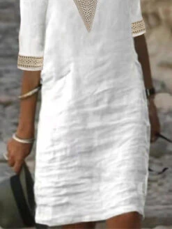 Women's Cotton Linen Dress Casual Dress Shift Dress Midi Dress Cotton And Linen Fashion Modern Outdoor Daily Vacation V Neck Patchwork Half Sleeve Summer Spring 2023 Regular Fit Gray Plain 3XL -Slay Clothing Shop 2cd202cf 5517 419c 8b57 883cb9830514