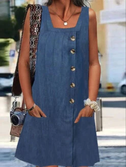 Women's Denim Dress Casual Dress Midi Dress Denim Basic Modern Outdoor Daily Square Neck Button Pocket Sleeveless Summer Spring 2023 Loose Fit Blue Plain S M L XL 2XL