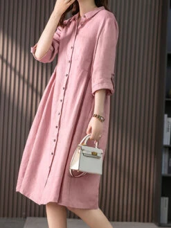 Women's Shirt Dress Casual Dress Cotton Linen Dress Midi Dress Cotton Blend Basic Casual Daily Vacation Shirt Collar Button Pocket 3/4 Length Sleeve Summer Spring Fall 2023 Loose Fit Pink Green Pure -Slay Clothing Shop 2ee6431f 5d50 4272 b00e 332152d4f3b5