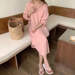 Women's Korean Lazy Style Simple Long Over-the-knee Shirt Solid Color Lapel Cardigan Shirt Sunscreen Shirt Dress -Slay Clothing Shop 2f2fc8ce 1434 4e62 9b12 c160d3a72826