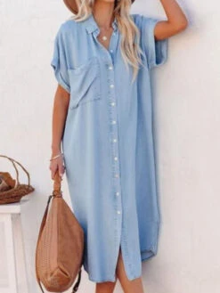 Women's Casual Dress Denim Shirt Dress Midi Dress Denim Fashion Casual Outdoor Daily Vacation Shirt Collar Button Pocket Short Sleeve Summer Spring Fall 2023 Loose Fit Navy Blue Blue Sky Blue Plain S