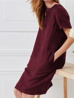 Women's Casual Dress Cotton Linen Dress Shift Dress Midi Dress Linen Cotton Blend Basic Modern Outdoor Daily Vacation Crew Neck Button Pocket Short Sleeve Summer Spring 2023 Loose Fit Black Wine -Slay Clothing Shop 2fdcbb42 e62e 4fe1 9395 5838d31c987f