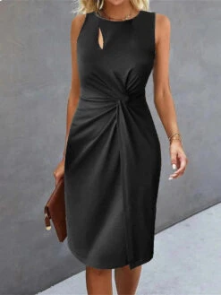 Women's Casual Dress Black Dress Summer Dress Midi Dress Ruched Cut Out Work Daily Date Fashion Basic Crew Neck Sleeveless 2023 Regular Fit Black Color S M L XL XXL Size