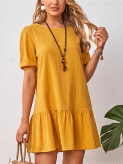 Women's Casual Dress Cotton Linen Dress A Line Dress Mini Dress Cotton Blend Basic Casual Outdoor Daily Crew Neck Ruched Short Sleeve Summer Spring 2023 Loose Fit Black Yellow Sky Blue Plain S M L XL -Slay Clothing Shop 2ff8724a 0e65 496c 9a7f 252384885118