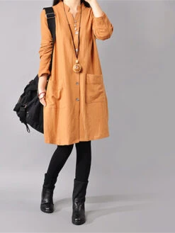 Women's Cotton Linen Dress Casual Dress Mini Dress Cotton Blend Basic Casual Outdoor Daily Vacation V Neck Button Pocket Long Sleeve Spring Fall Autumn 2023 Loose Fit Yellow Red Navy Blue Pure Color -Slay Clothing Shop 3084a46e d700 4d1c 8795 88b08d674e1e