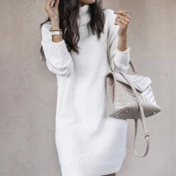 Women's Sweater Dress Winter Dress Shift Dress Mini Dress Pink Yellow Khaki Navy Blue Gray White Long Sleeve Pure Color Knit Winter Fall Turtleneck Stylish Mature 2022 S M L XL XXL 3XL