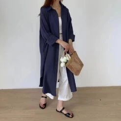 Women's Korean Lazy Style Simple Long Over-the-knee Shirt Solid Color Lapel Cardigan Shirt Sunscreen Shirt Dress -Slay Clothing Shop 32c4c874 f040 4777 9929 a98e1a648127