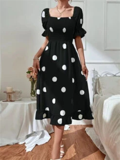 Women's Summer Dress Polka Dot Dress Polka Dot Print Ruched Square Neck Midi Dress Fashion Modern Daily Holiday Short Sleeve Slim Black Blue Brown Summer Spring S M L XL